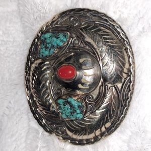 Belt buckle vintage made in Mexico.  Corral and turquise.  Silver.